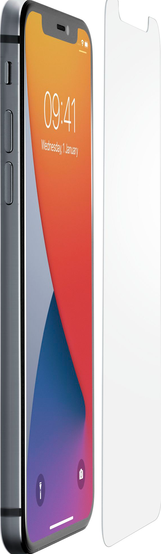 iPhone mit Displayschutzfolie, zeigt Bildschirm mit Uhrzeit und Datum. Graues Telefon, weißer Glasschutz.
