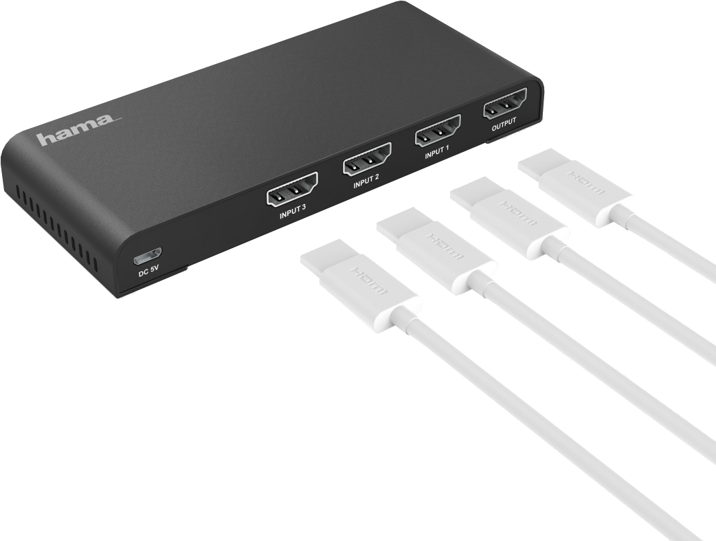 Fekete HDMI-elosztó 4 bemeneti és 1 kimeneti porttal, fehér kábelekkel.