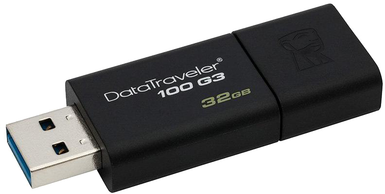 Fekete USB flash meghajtó. Ezüst USB csatlakozóval rendelkezik, és a 'DataTraveler 100 G3 32GB' szöveg van rá nyomtatva.
