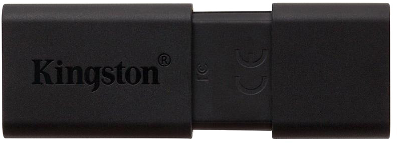 Egy fekete Kingston USB flash meghajtó látható. A logó látható. Az USB részben ki van nyújtva.
