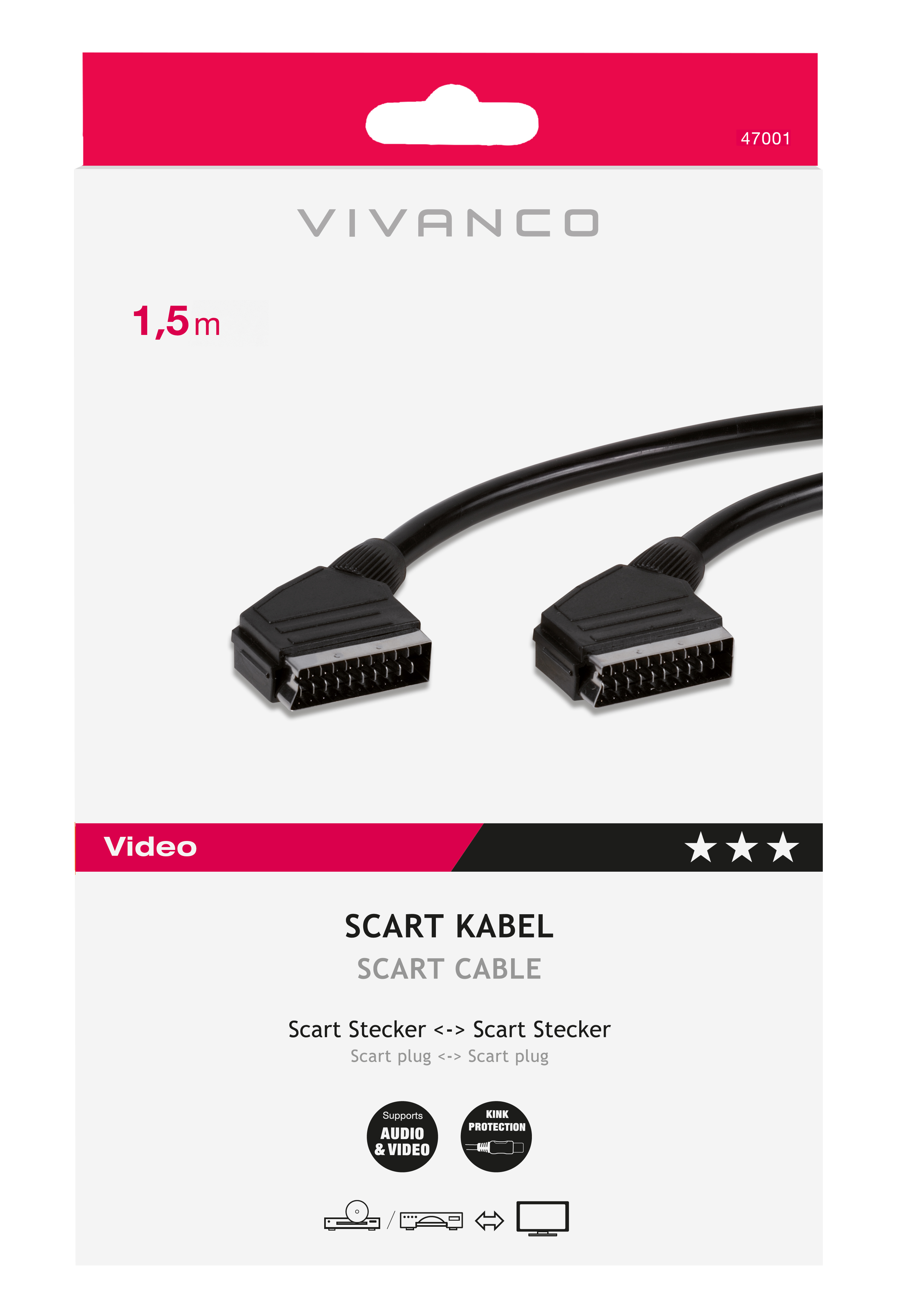 Verpackung eines SCART-Kabels mit Text in mehreren Sprachen, einschließlich der Marke VIVANCO.