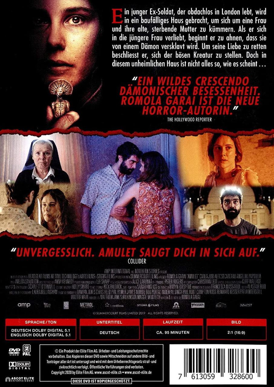 DVD-Cover des Films 'Amulet' mit Cast und Text, dunkler Hintergrund.
