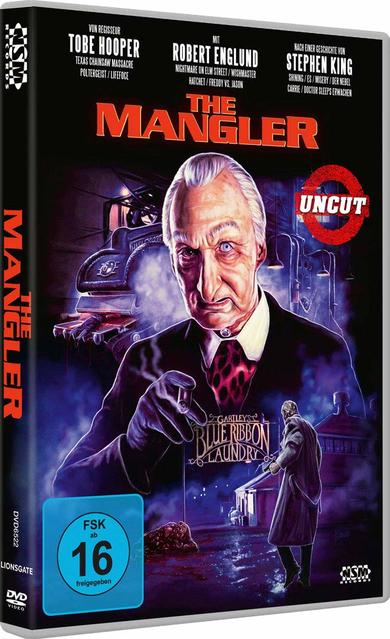 DVD-Cover des Films 'The Mangler'. Zeigt einen alten Mann, Text und ein Bild einer Maschine.