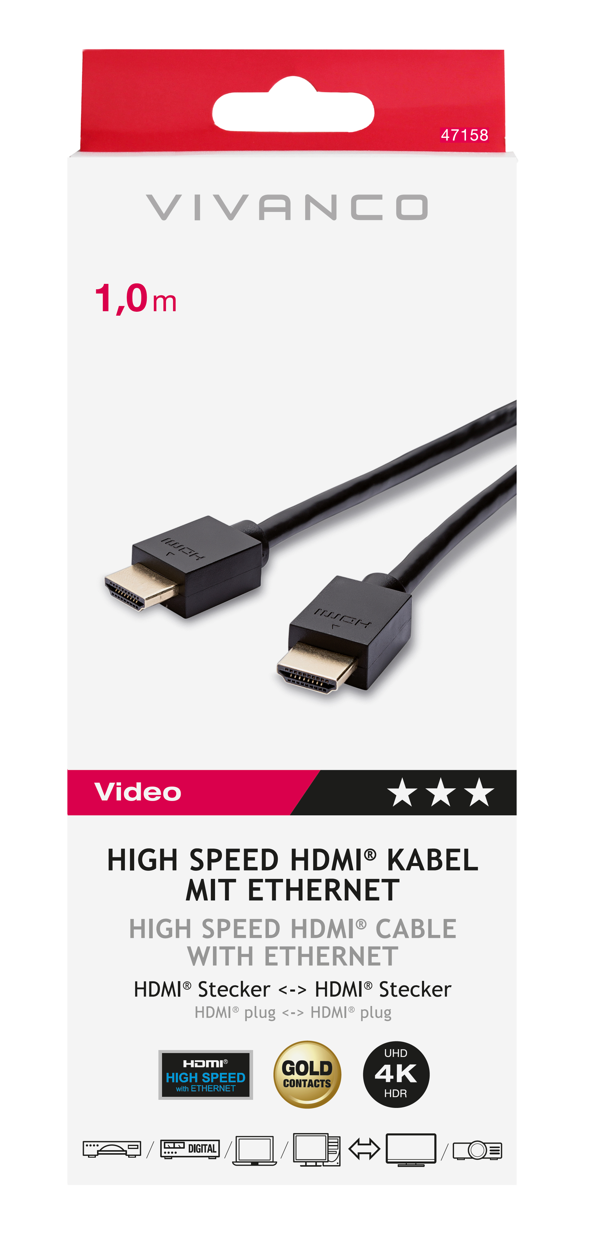 Verpackung eines schwarzen HDMI-Kabels mit 'Vivanco' und Spezifikationen.