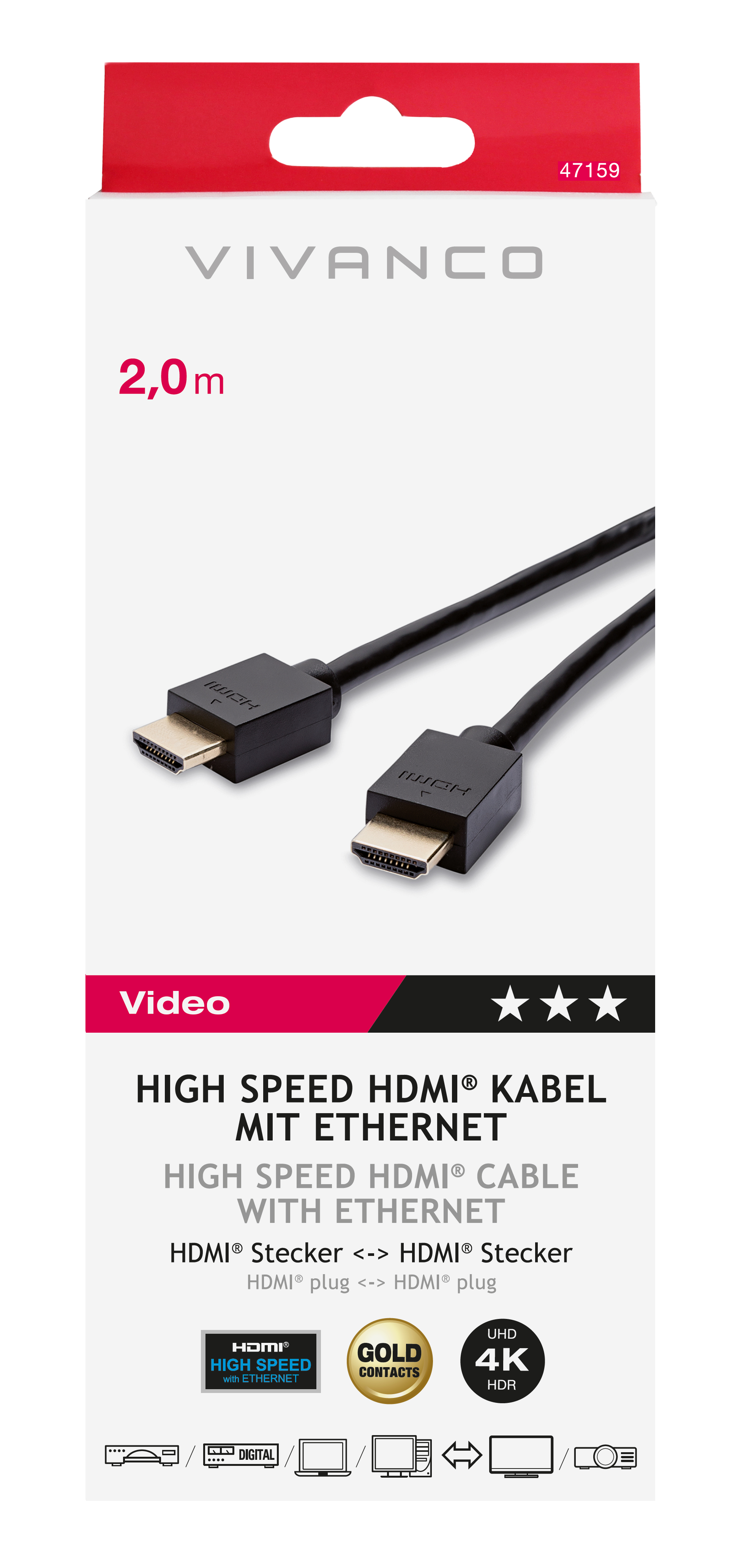 Eine Vivanco HDMI-Kabelverpackung. Schwarzes Kabel mit HDMI-Anschlüssen und Produktinformationen.