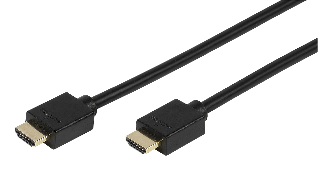 Schwarzes HDMI-Kabel mit goldenen Anschlüssen auf weißem Hintergrund.