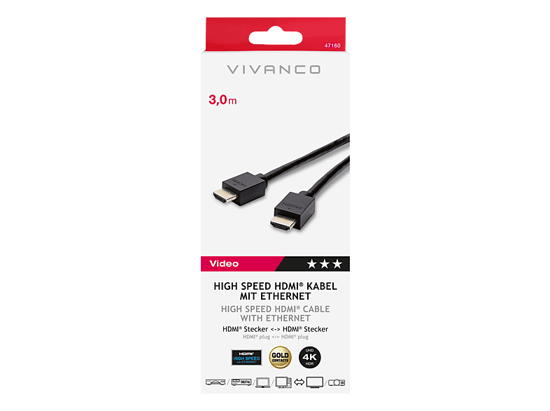 VIVANCO 47160 4K HDMI Kabel, 3m, High Speed, vergoldete Kontakte — Foto 2 von 2