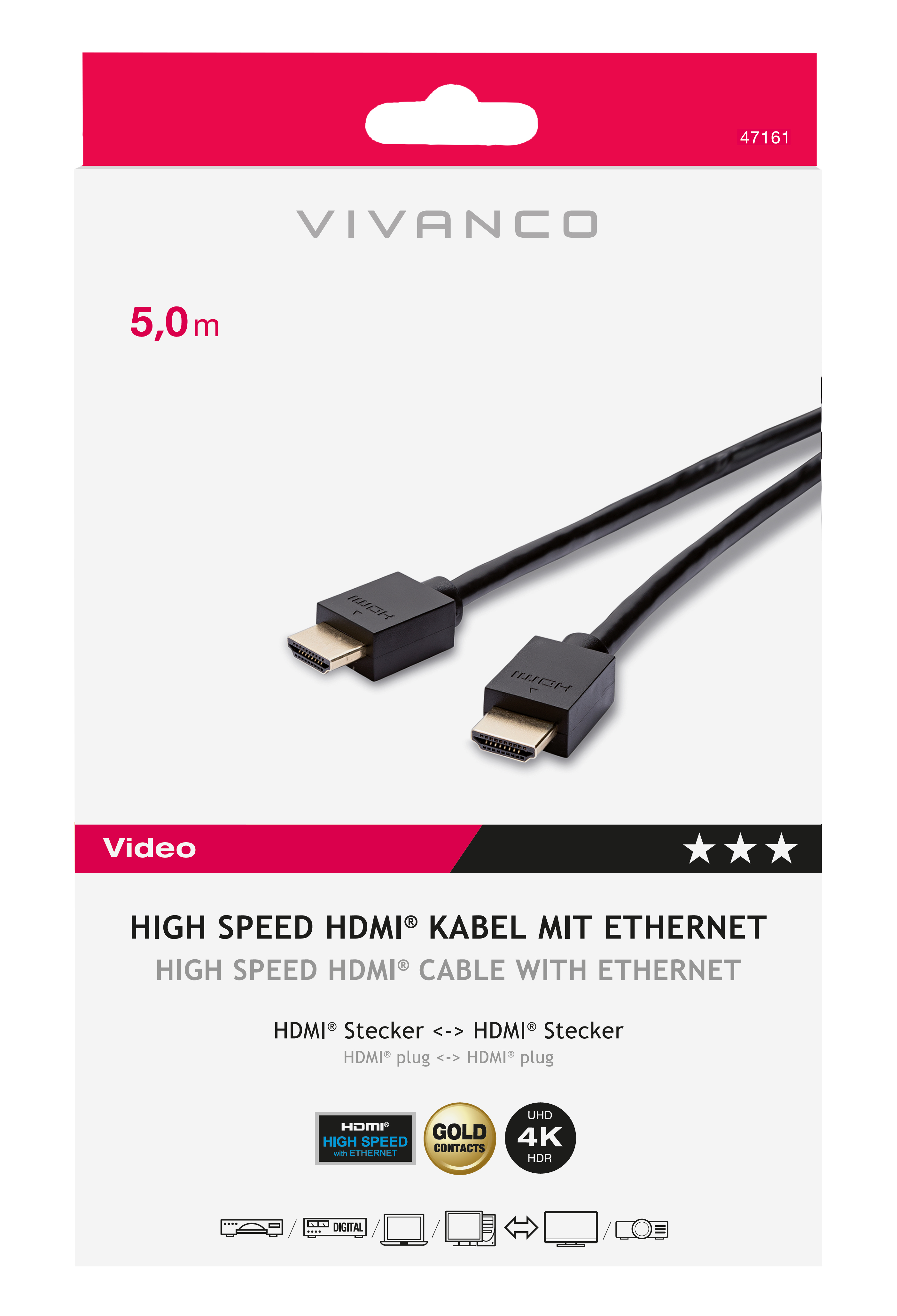 HDMI-Kabel-Verpackung, schwarze Kabel, weißer Hintergrund, mit Produktdetails.