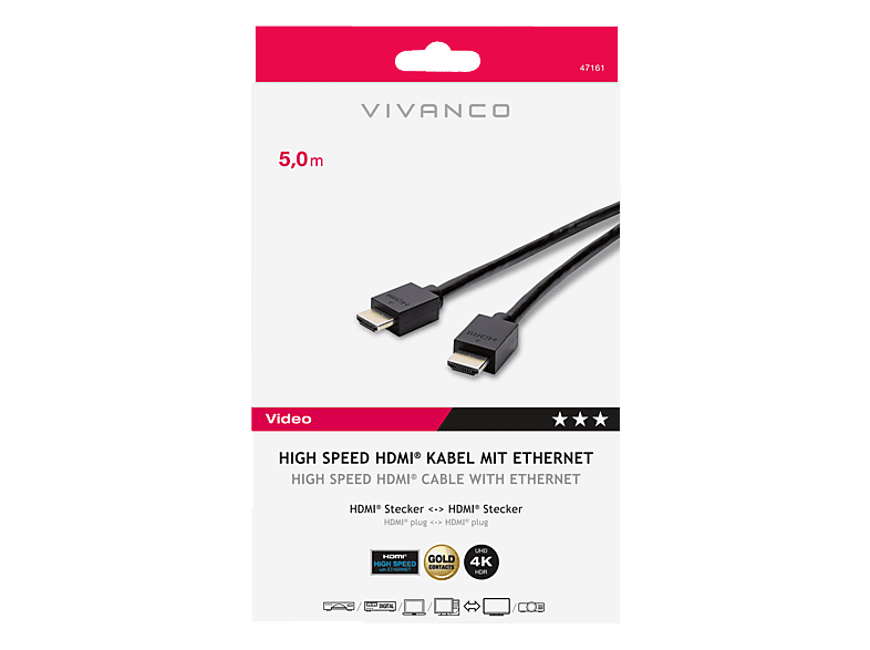 VIVANCO 47161 4K HDMI Kabel, 5m, High Speed, vergoldete Kontakte — Foto 2 von 2