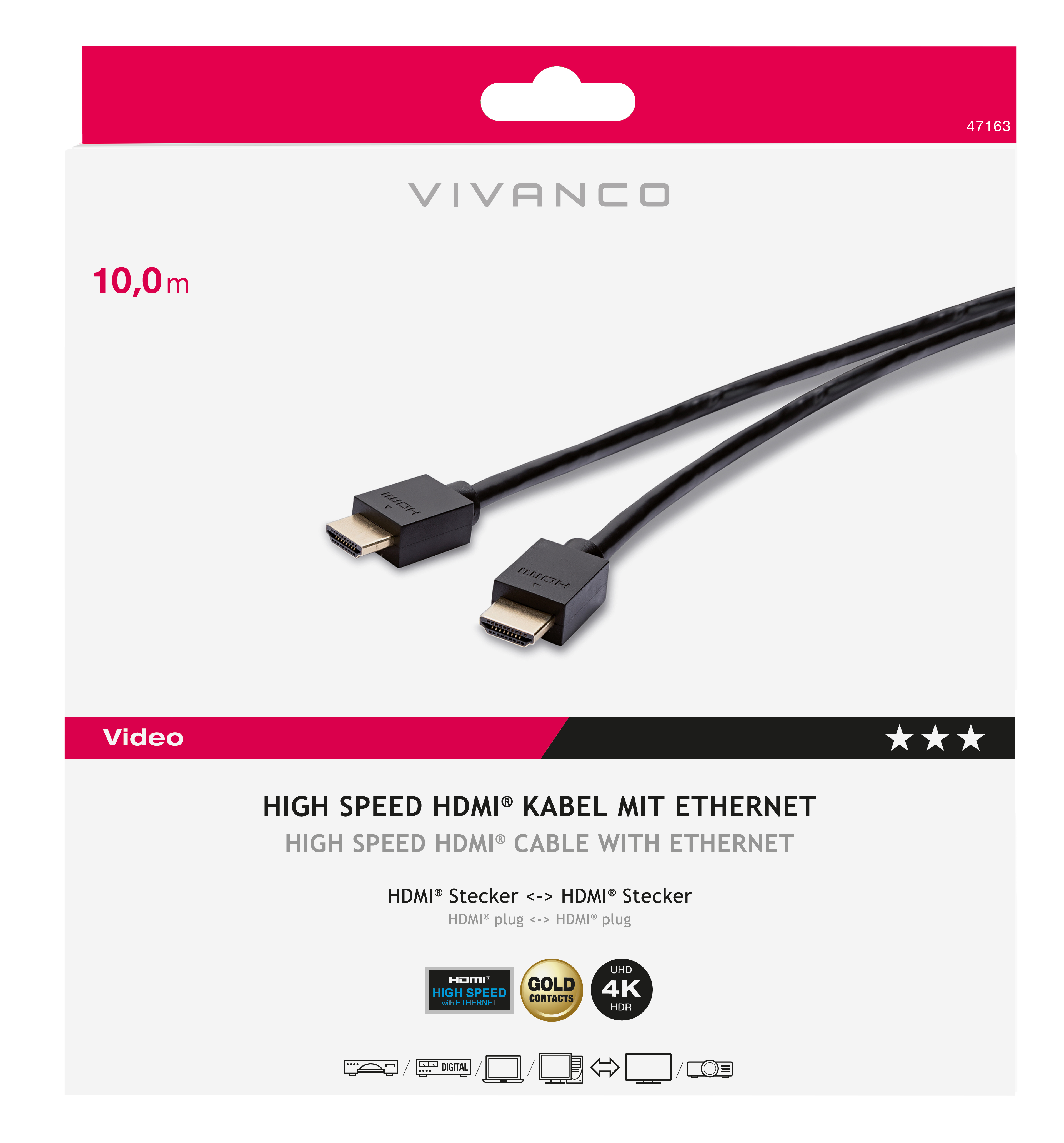 Ein schwarzes HDMI-Kabel mit Anschlüssen auf weißem Hintergrund, mit Produktinfo.