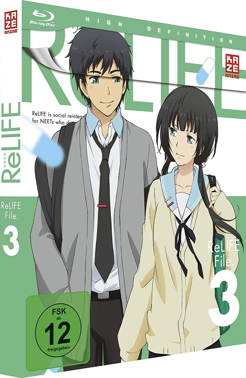 ReLIFE File 3 DVD-Cover mit zwei Anime-Charakteren, einem Mann und einer Frau, auf blauem Cover.
