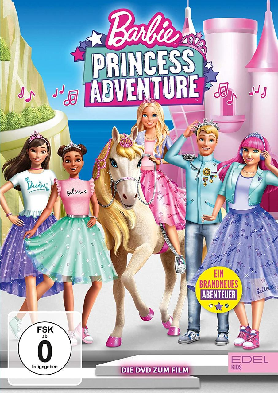 DVD-Cover für "Barbie: Princess Adventure". Barbie und ihre Freunde sind auf dem Cover mit einem Schloss im Hintergrund.