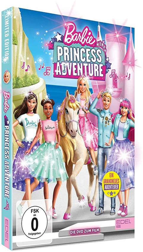DVD-Cover für 'Barbie Princess Adventure' mit Barbie und Freunden.