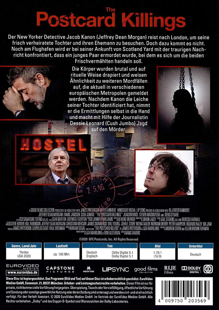 DVD-Rückseite mit Text, Bildern und Schauspielern, die einen Film namens 'The Postcard Killings' bewerben.