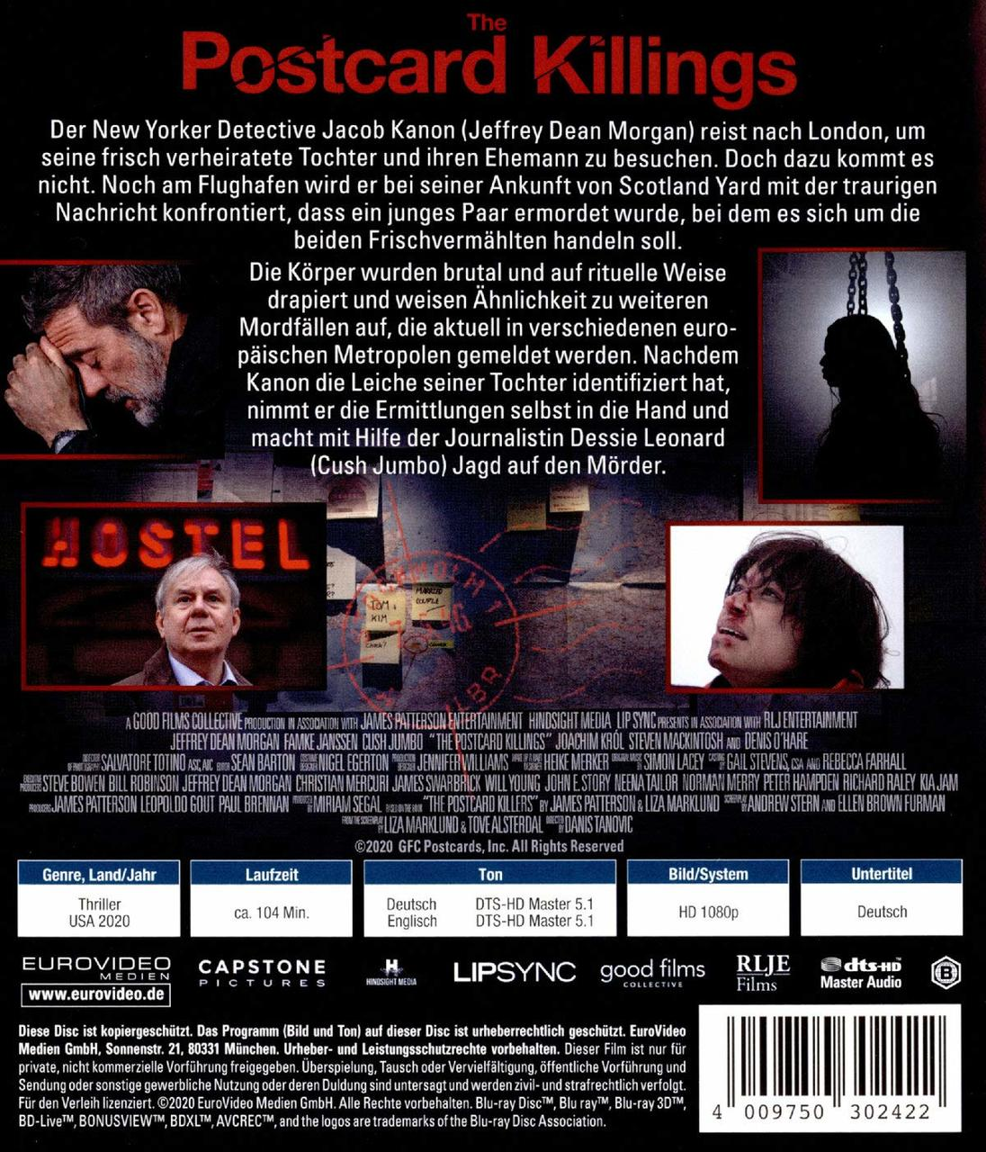 Filmdvd-Cover mit Schauspielern, einer Schattenfigur und Text. Titel: The Postcard Killings.