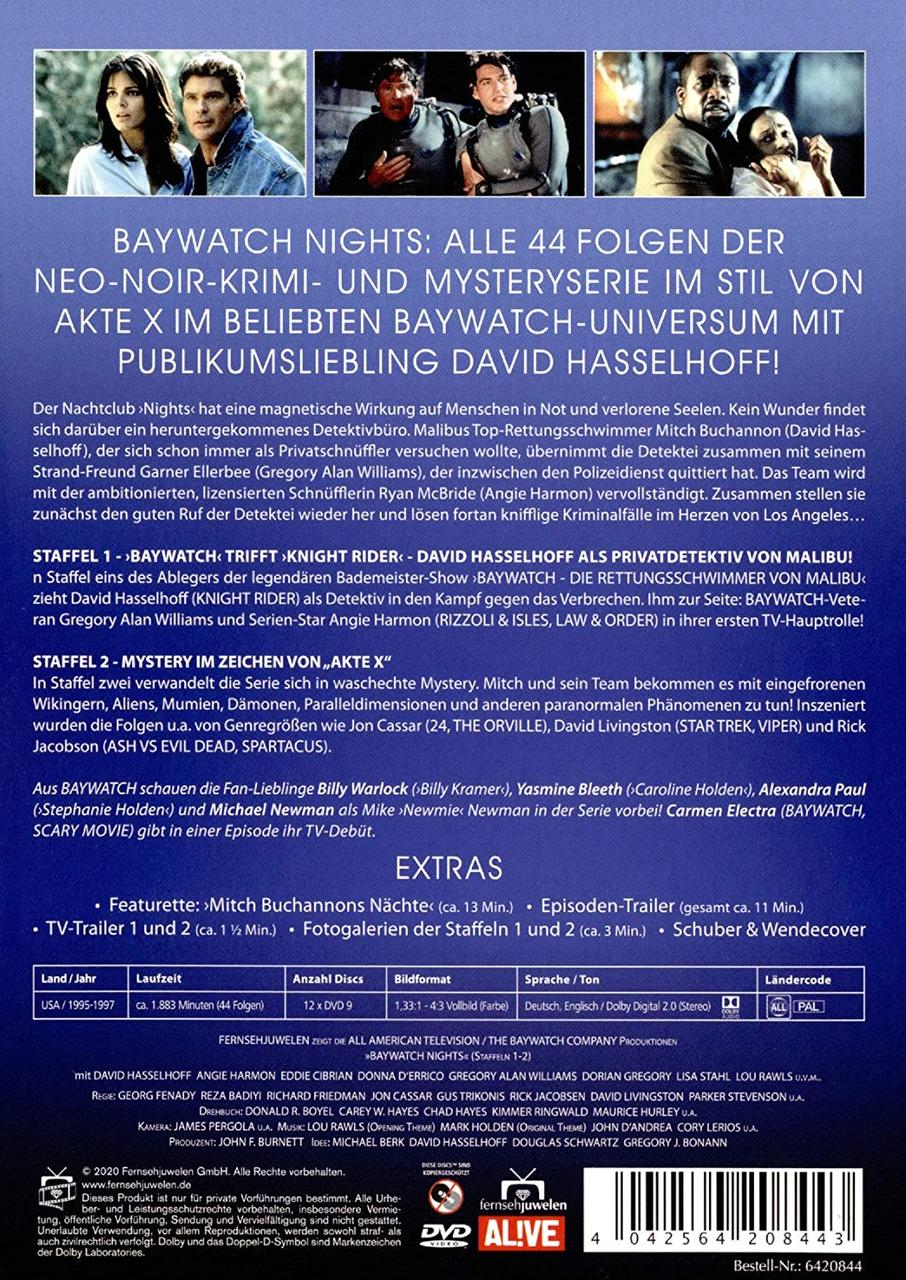 Rückseite einer DVD: Text über Baywatch Nights, mit Darstellern und Cover-Art.