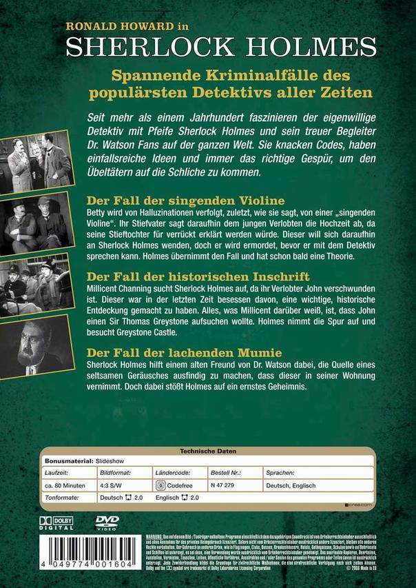Rückseite einer Sherlock Holmes DVD. Text beschreibt Geschichten und Details.