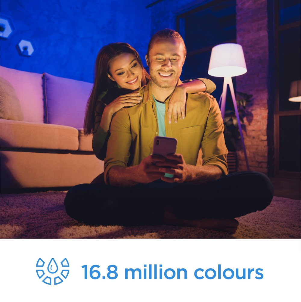 Una pareja en una habitación con luces de colores, mirando un teléfono. El texto en la parte inferior menciona los colores.