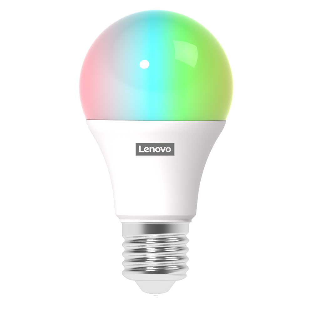 Una bombilla inteligente Lenovo blanca con luz colorida. Está sobre un fondo blanco.