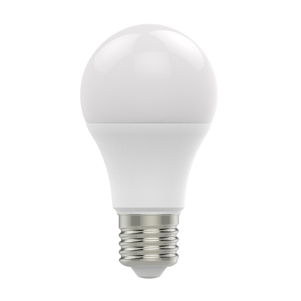Una bombilla LED blanca con base plateada, parte superior redondeada y base roscada.