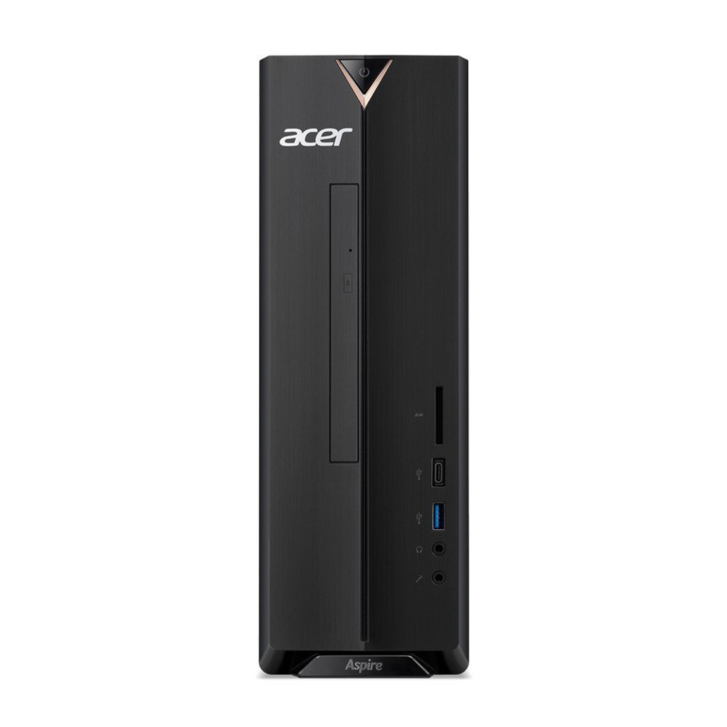 Torre de ordenador Acer Aspire negra con logotipo de Acer y puertos.