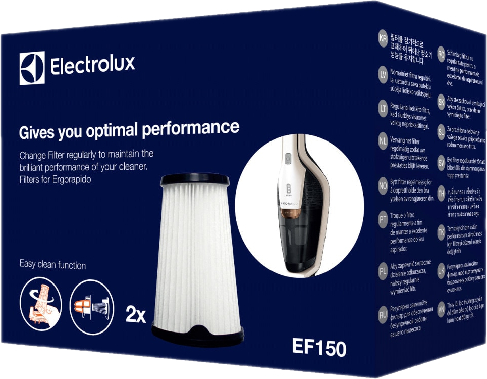 Az Electrolux porszívó szűrőjének doboza, a szűrőt és a porszívót mutatja. Szöveg: optimális teljesítmény.