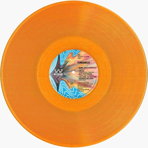 Un disque vinyle orange avec une étiquette indiquant 'Funkadelic', un titre et une liste des titres.