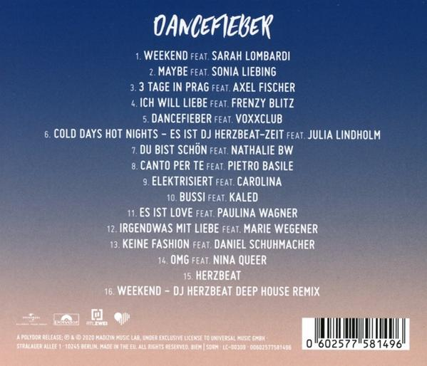 Rückseite einer CD, Auflistung der Titel mit Künstlern, auf einem Gradientenhintergrund.