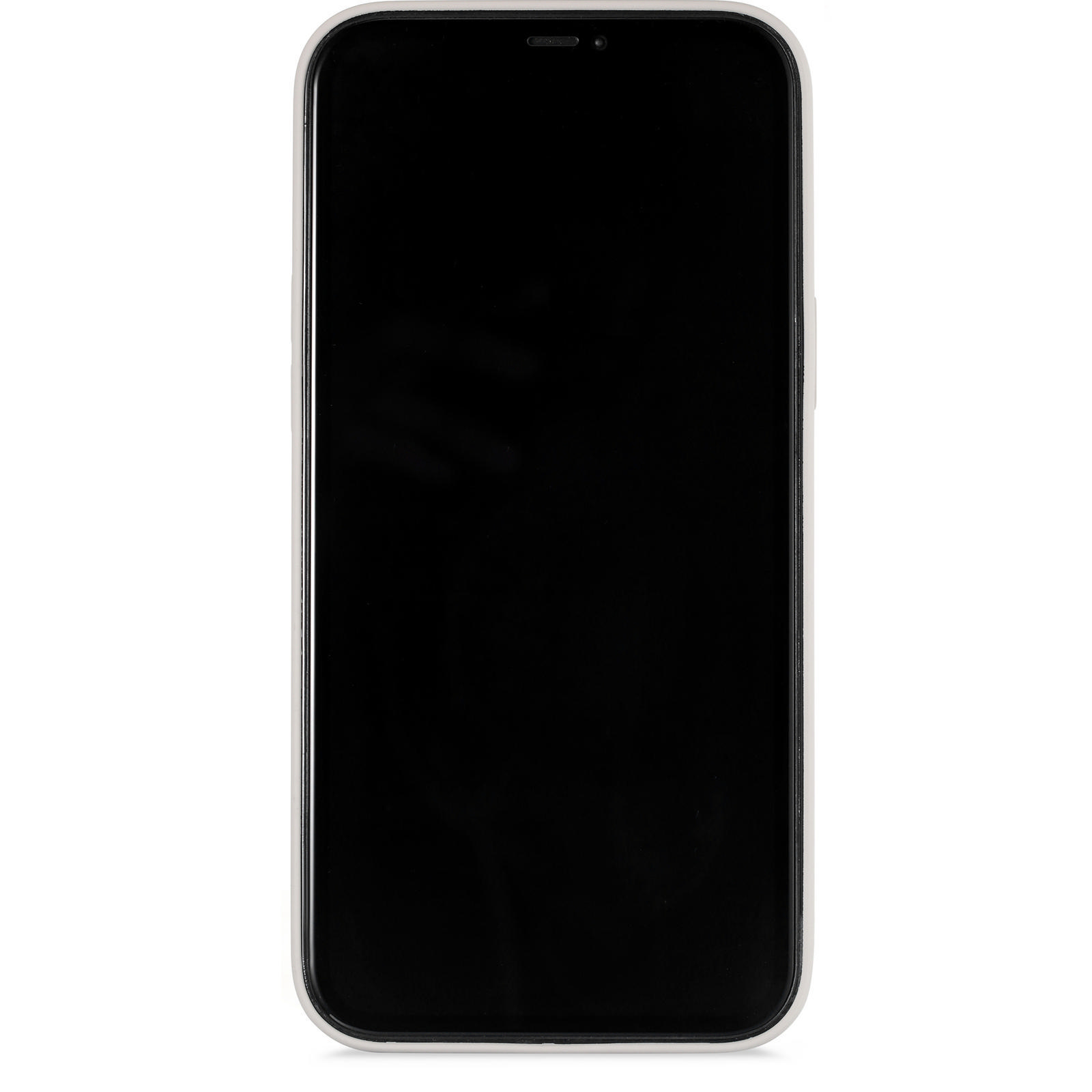 Schwarzes Smartphone mit leerem Bildschirm, schlichtes Design und weißer Rahmen.