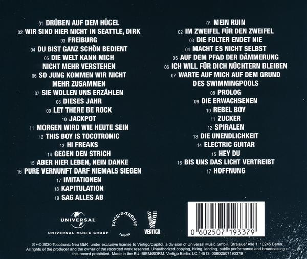 Die Rückseite eines Albumcovers mit einer deutschen Titelliste und Text.