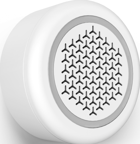 Haut-parleur rond blanc avec motif géométrique noir. Sur une surface blanche.