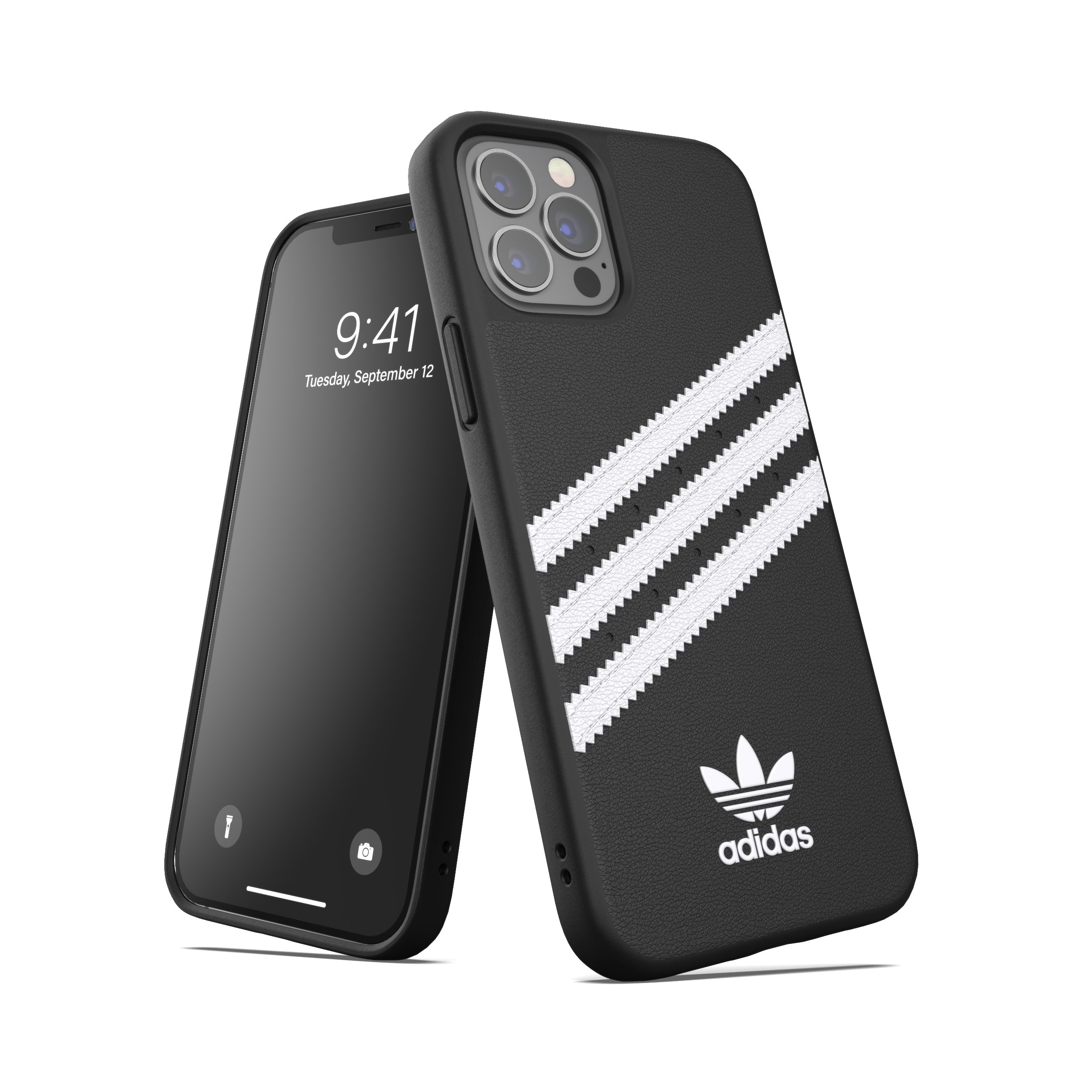 Zwei Telefone und Handyhülle mit Adidas-Logo. Schwarz-weiße Streifen und Trefoil.