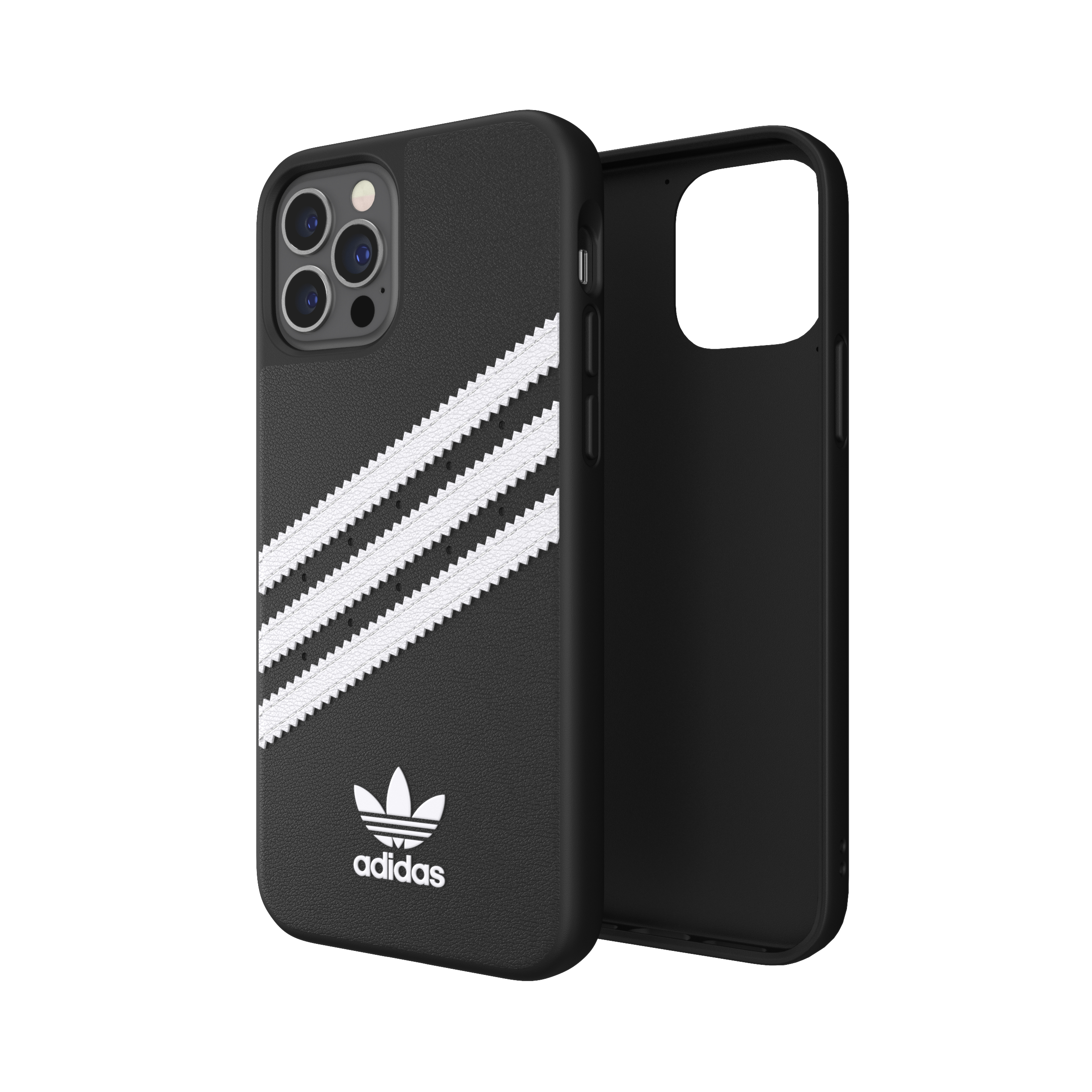 Schwarze Handyhülle mit weißen Adidas-Streifen. Das Adidas-Logo befindet sich unten.
