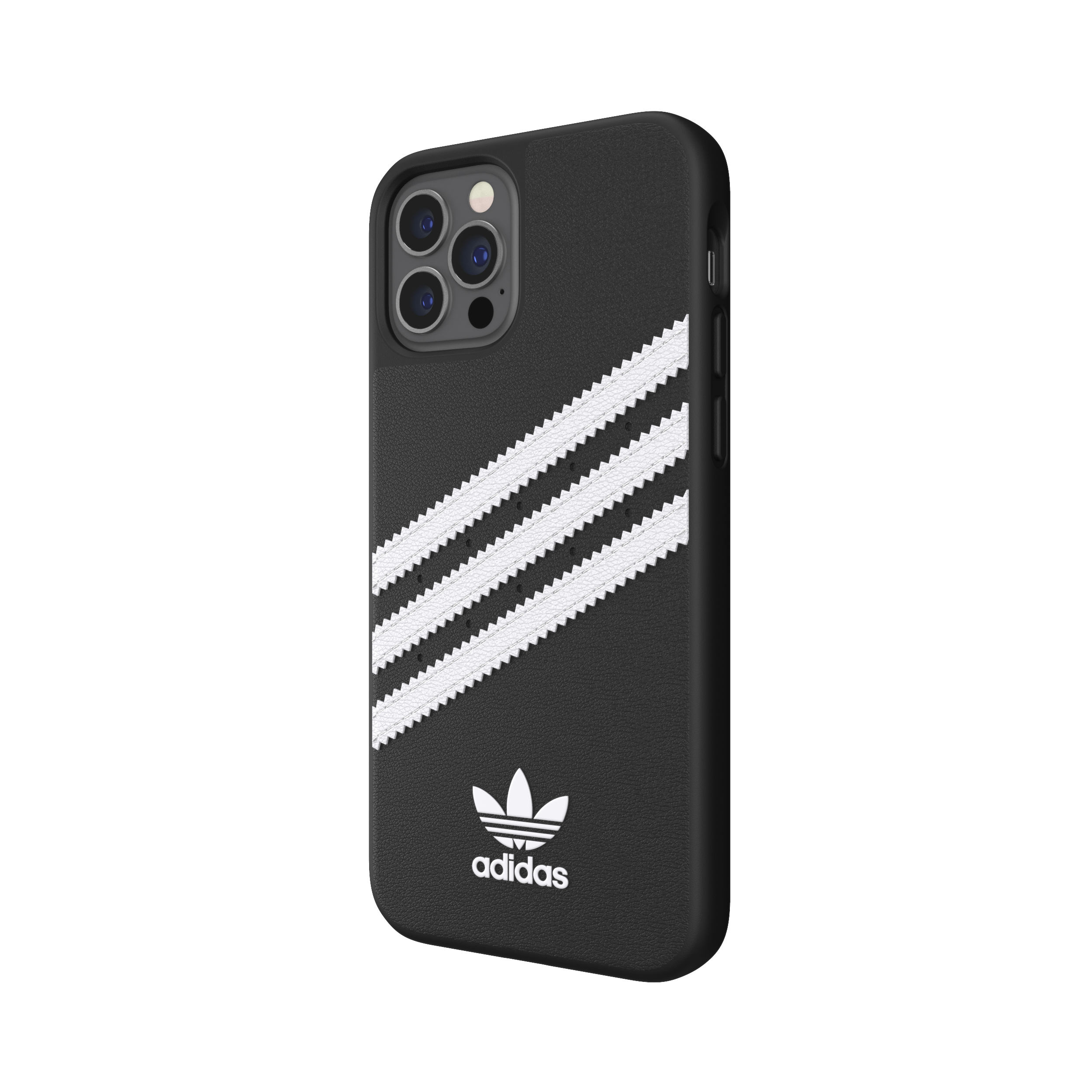 Schwarze Adidas-Handyhülle mit weißen Streifen und dem Adidas-Logo auf weißem Hintergrund.