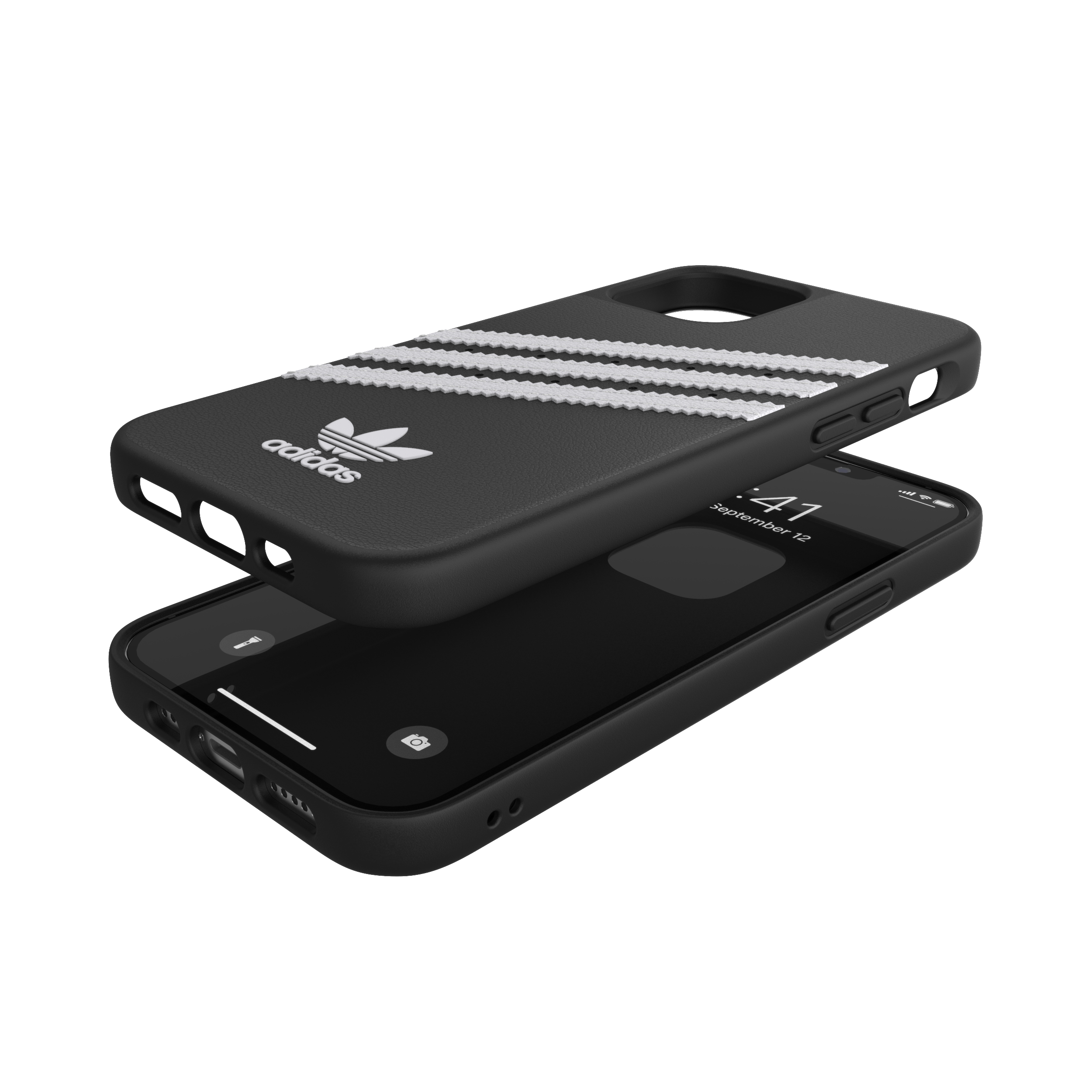 Schwarze Handyhülle mit Adidas-Streifen und Logo, bedeckt ein Telefon. 12. September Datum wird angezeigt.