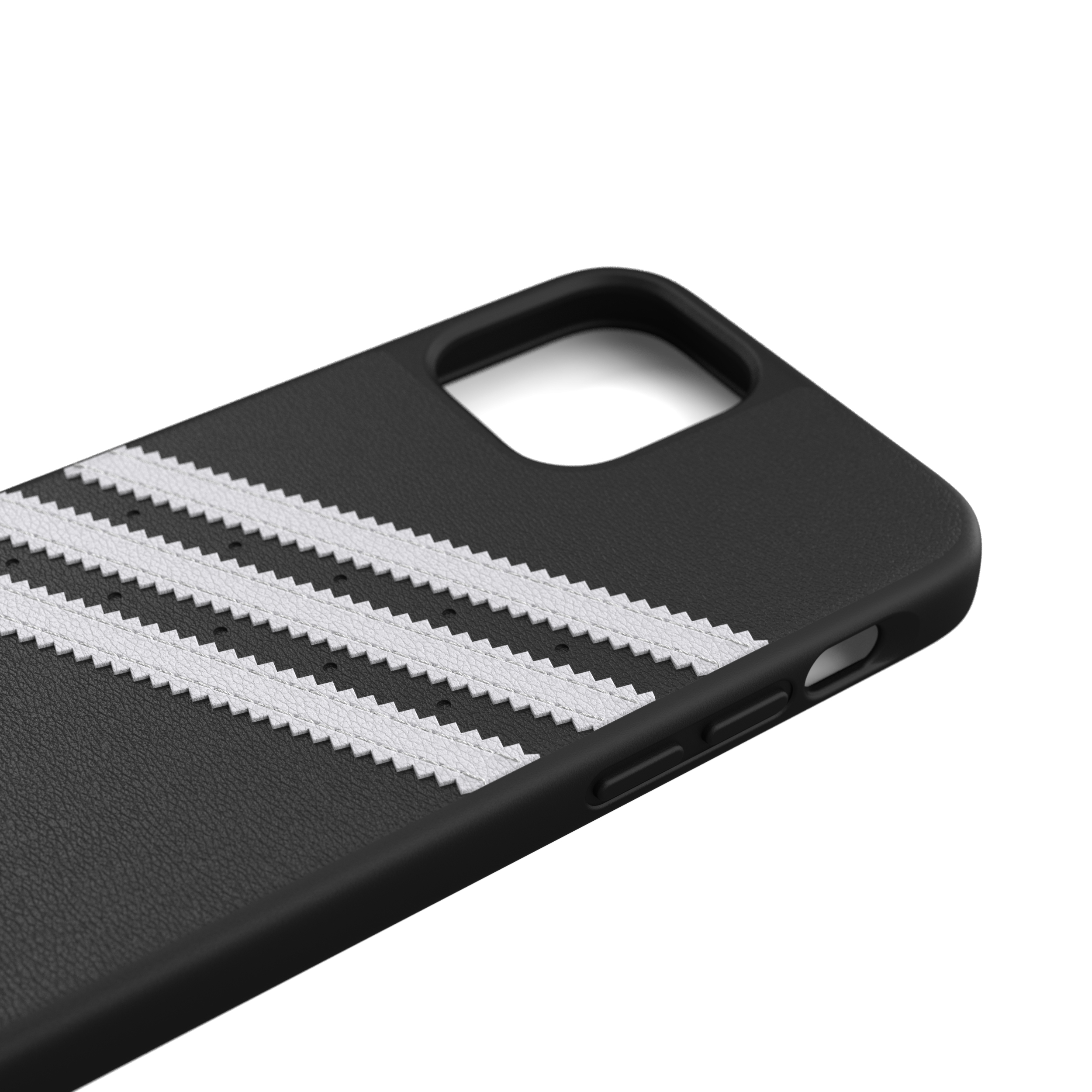 Schwarze Handyhülle mit weißen Streifen. Adidas-Logo. Seitenansicht zeigt Knöpfe.