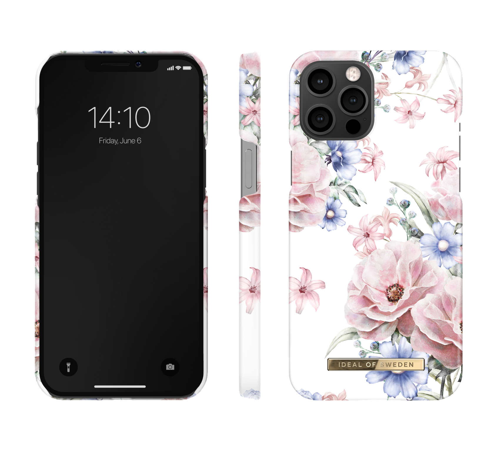 Handyhülle mit floralem Design in Rosa und Blau. Das Telefon zeigt einen Sperrbildschirm.