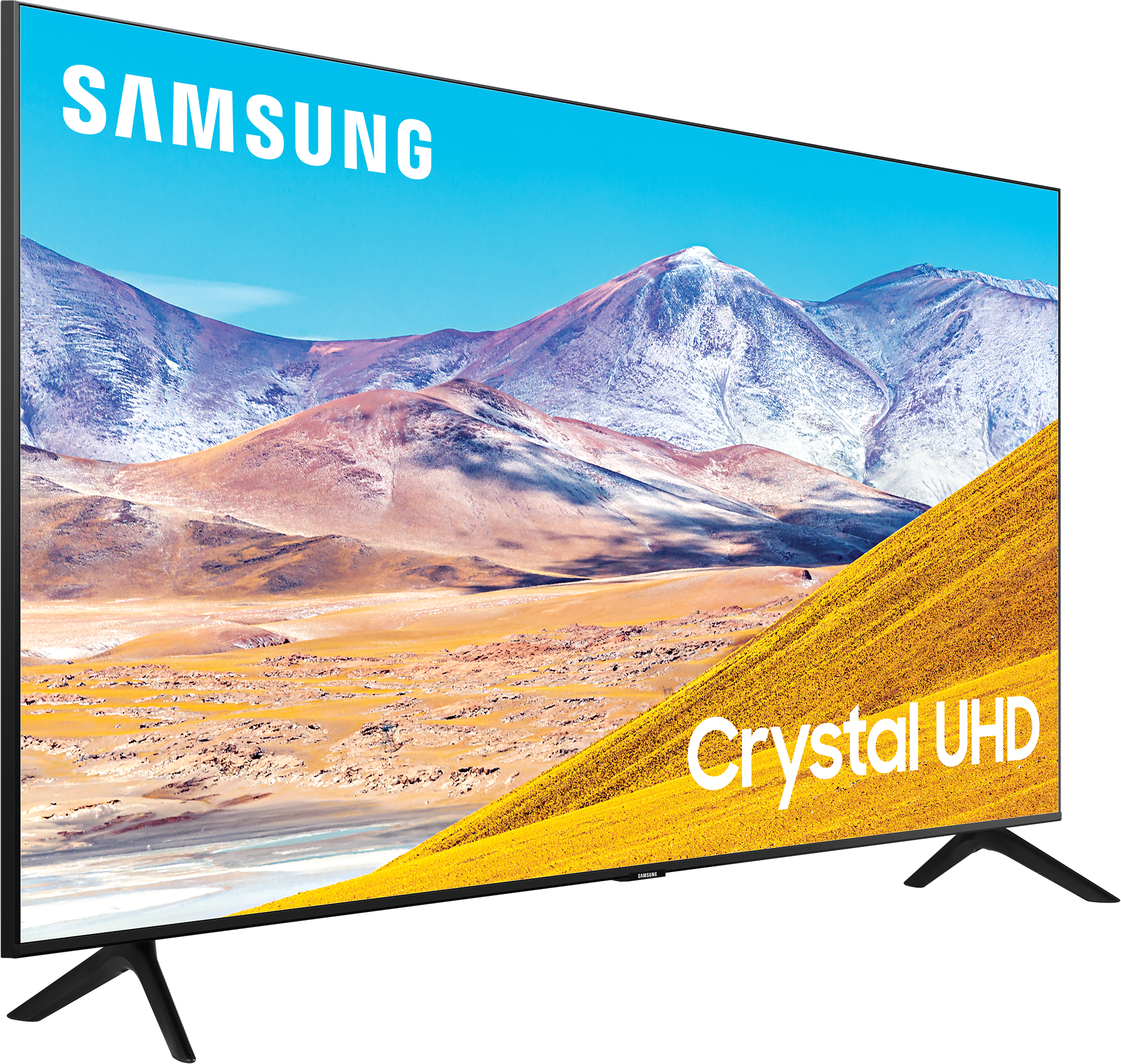 Ein Samsung-Fernseher, der eine Wüstenlandschaft mit gelbem Vordergrund und blauem Himmel im Hintergrund zeigt.