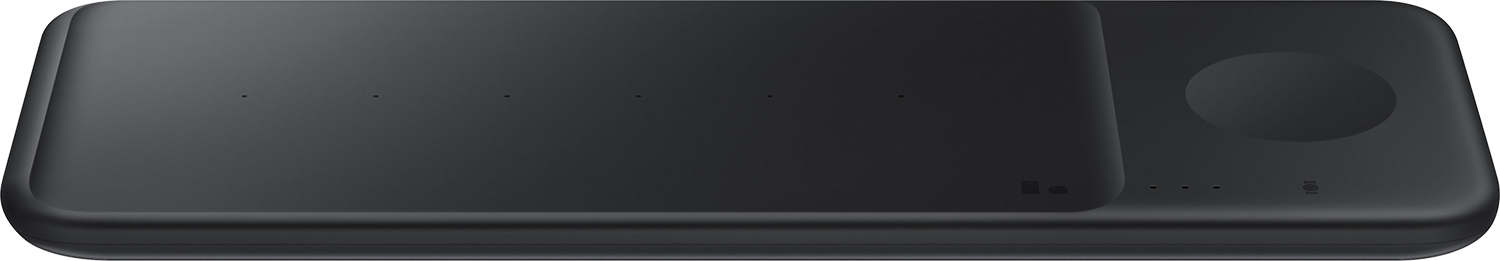 A black wireless charging pad for multiple devices. It has a flat surface.