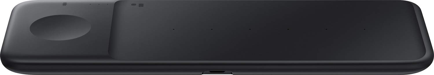 Black wireless charging pad with a circular watch charger and phone charging area. USB port visible.