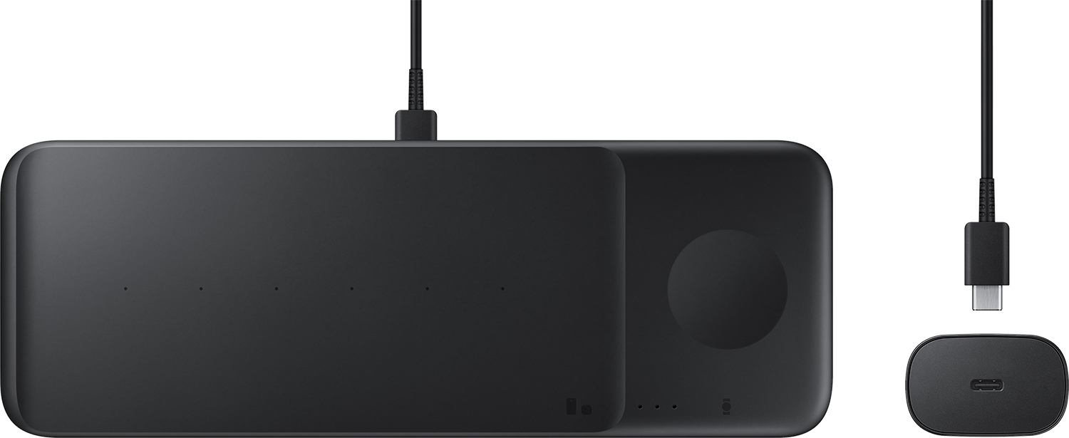 A black Samsung wireless charger with three charging pads and a USB-C cable.