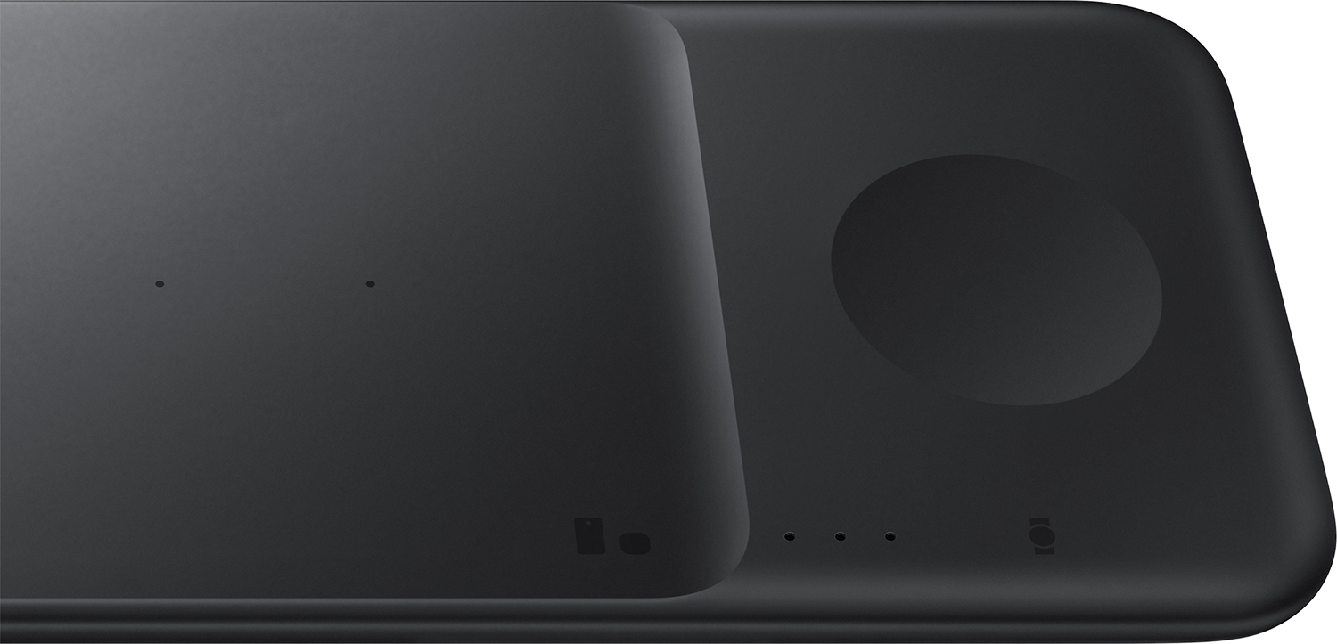 Black Samsung wireless charging pad, with two charging surfaces and a circular area.
