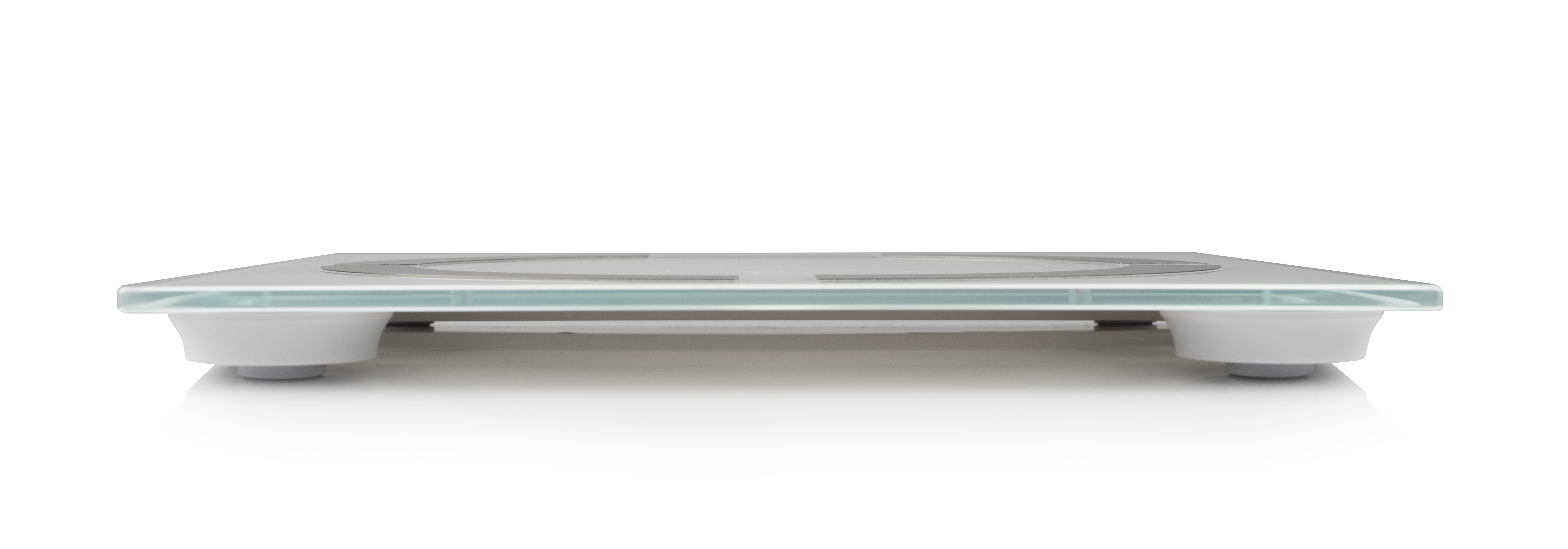 Digitale Badezimmerwaage mit Glasoberfläche und weißem Sockel.