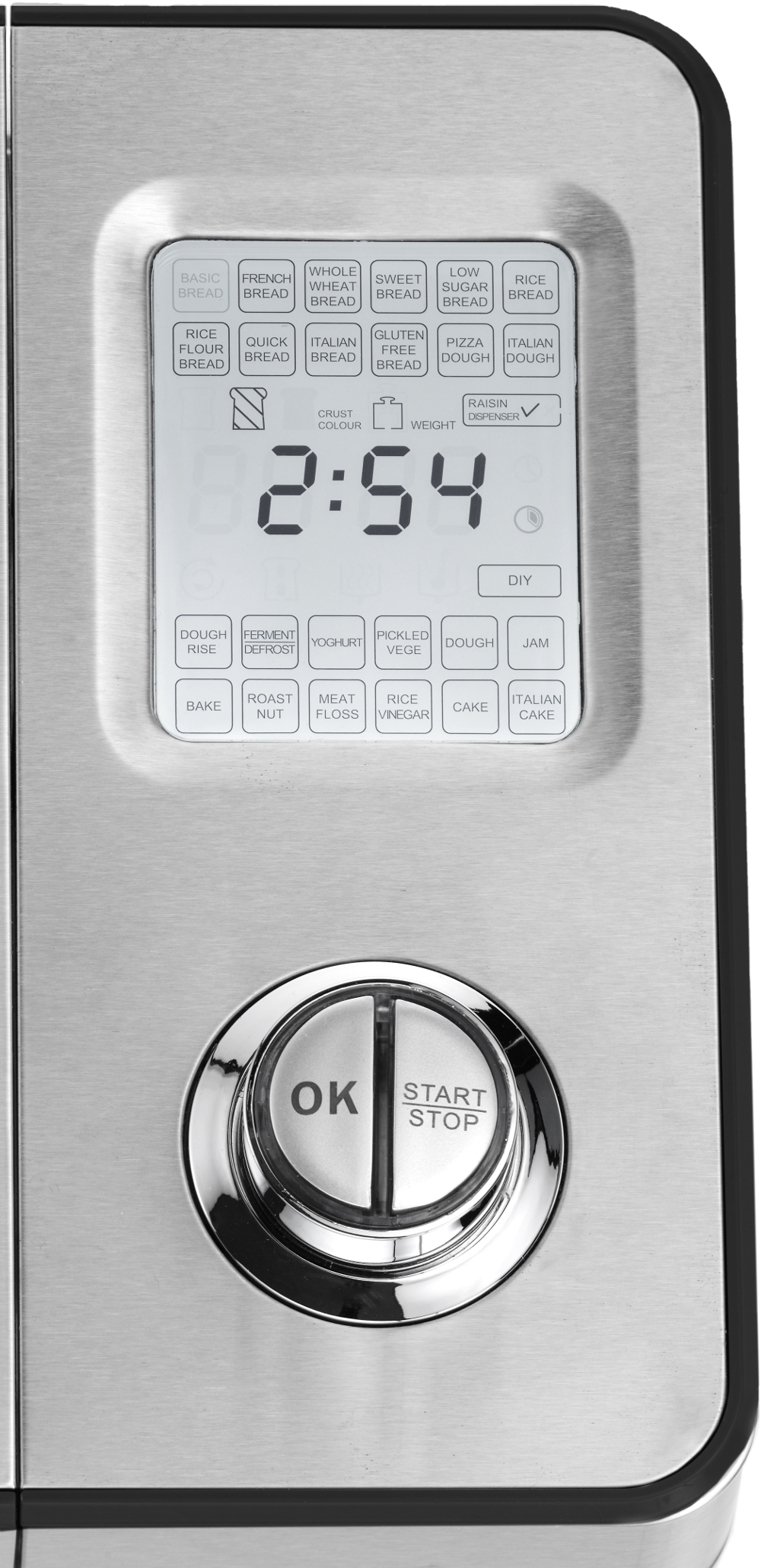 Macchina per il pane in acciaio inox con display digitale, opzioni di menu e pulsante start/stop.