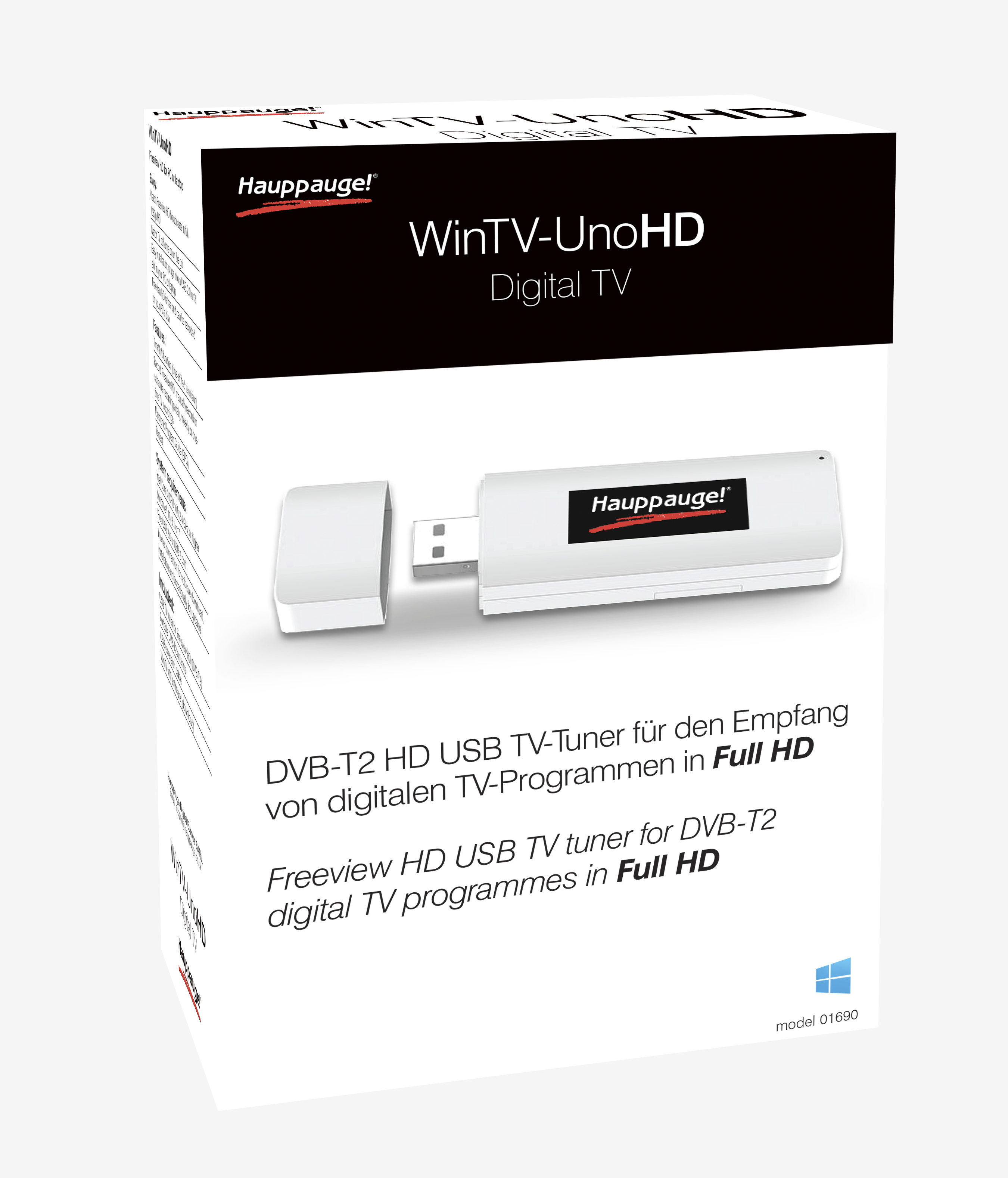 Weiße und schwarze Box mit einem USB-TV-Tuner. Produktdetails sind sichtbar.