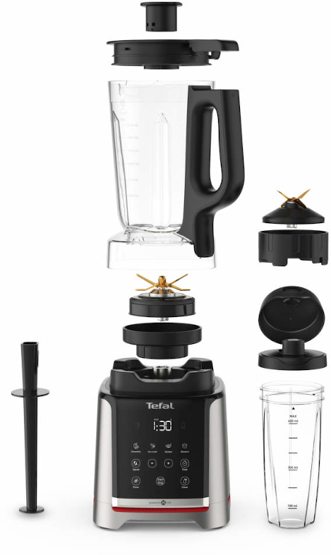 Blender darabokban, pengével, üveggel, fedővel és alappal.