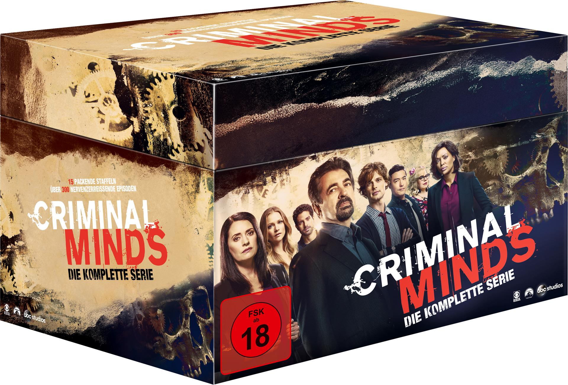 Eine Box-Set von 'Criminal Minds' DVDs mit Fotos der Darsteller und Serienmarke.