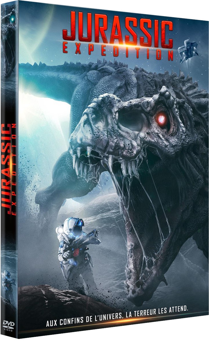 DVD-hoes voor Jurassic Expedition. Een dinosaurus brult naar een soldaat. De titel is in het rood.