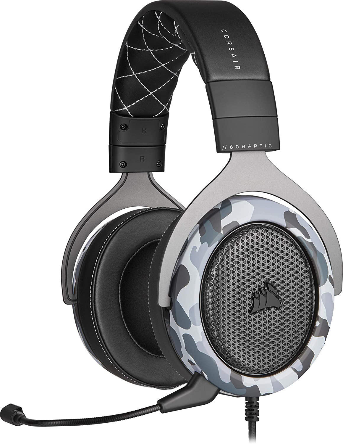 Ein schwarzes und silbernes Gaming-Headset mit Camouflage-Muster. Es hat ein Mikrofon und ein gepolstertes Kopfband.