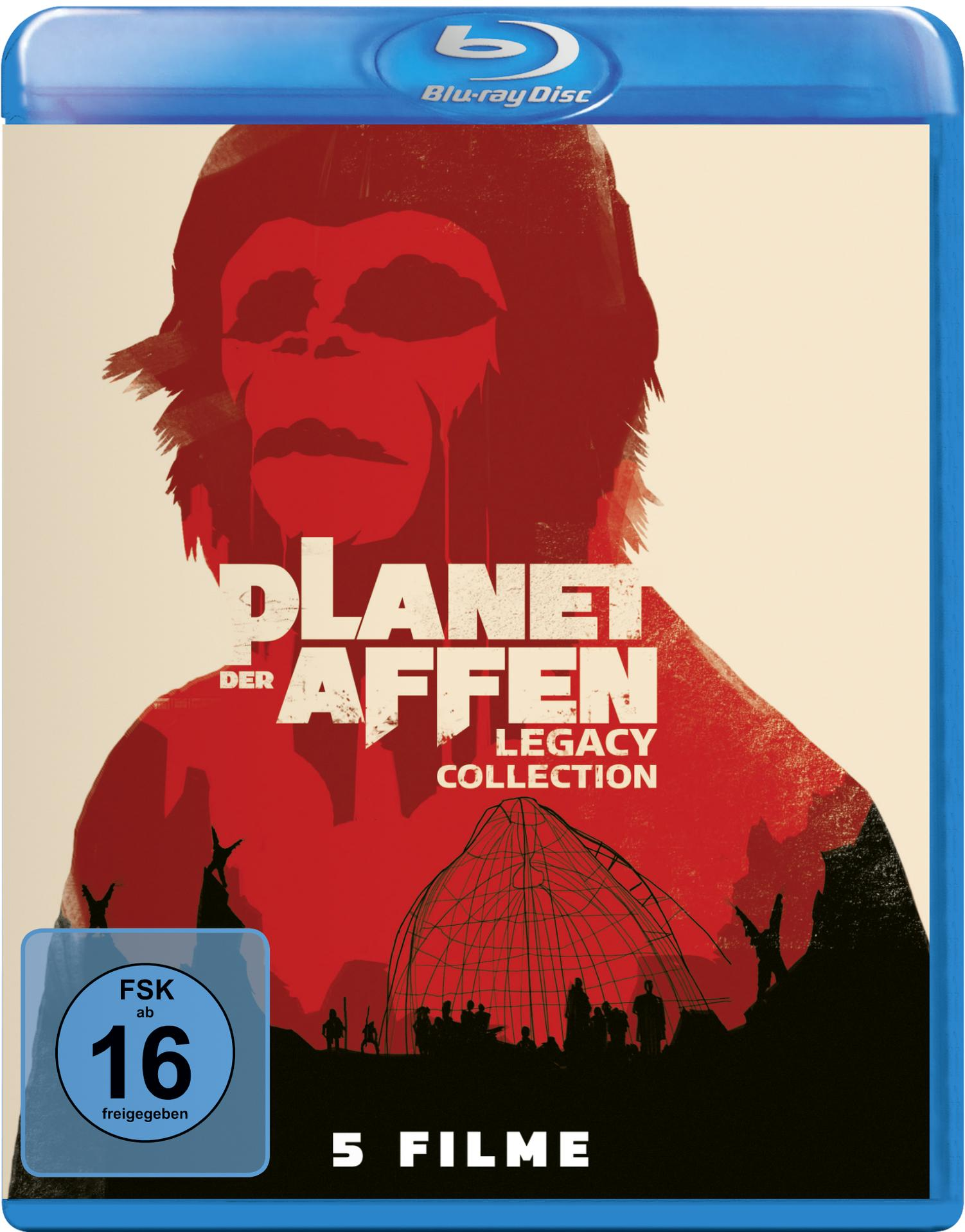 Filmcover: Die Planet der Affen Legacy Collection Blu-ray Disc. Rotes Affengesicht und futuristische Struktur.